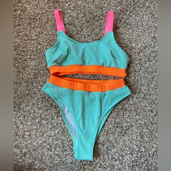 Cupshe 2 Piece Bikini Medium Green Neon High Waist Cheeky - Picture 2 of 6